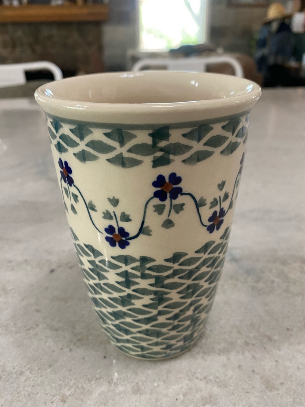Boleslawiec Polish Hand-Painted Ceramic Tumbler in Cream with Blue Floral Detail